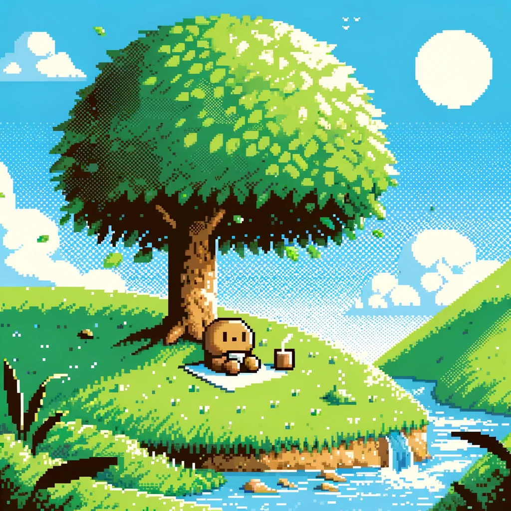 This is the prompt generated by DALL-E 3 by OpenAI: A pixel art scene representing the concept of taking a break. The scene shows a serene outdoor setting with a clear blue sky. In the center, a small pixelated character is sitting comfortably on a bright green grassy hill, under the shade of a large, leafy tree. The character is depicted in a relaxed pose, perhaps sipping a warm beverage from a small cup. Nearby, a gentle stream flows, and a few fluffy white clouds drift in the sky. The overall mood of the image is peaceful and calming, emphasizing the tranquility of taking a break in nature.
